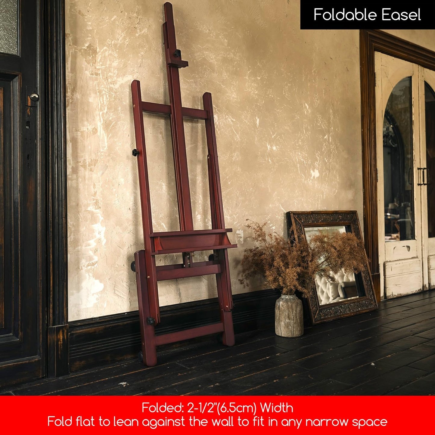 MEEDEN Easel Stand for Painting and Display, Adjustable H Frame Floor Art Easel for Drawing, Heavy Duty Beech Wood Hold Canvas up to 146", 4 Wheels & Storage Tray - Professional for Sign, Studio