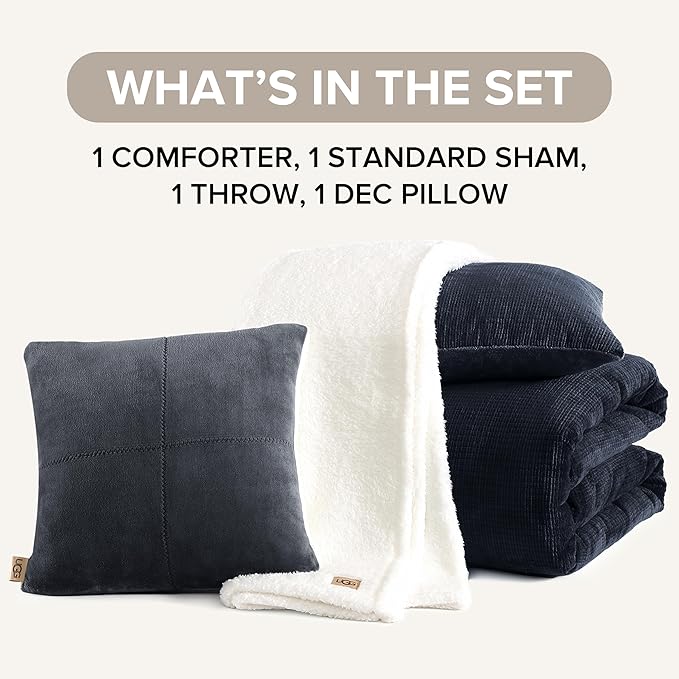 UGG Remina Twin Comforter Set 4 Piece Bed in a Bag with Throw Blanket, Decorative Pillow, Sham, and Reversible Comforter Hypoallergenic Washable College Dorm Bedding, Twin XL, Navy Blue