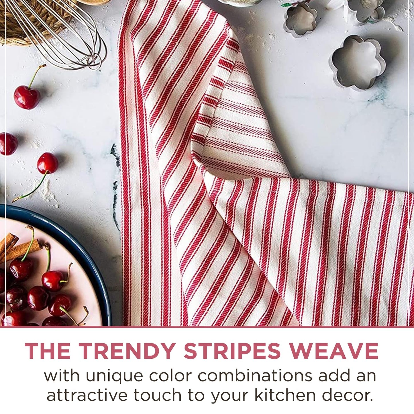 Candy Cottons Stripe Kitchen Dish Towels With Hanging Loop - Boho Absorbent Festive Gift Set of 6 - Reusable 18x28 Inch Pantry Decor - Trendy Spring French Red