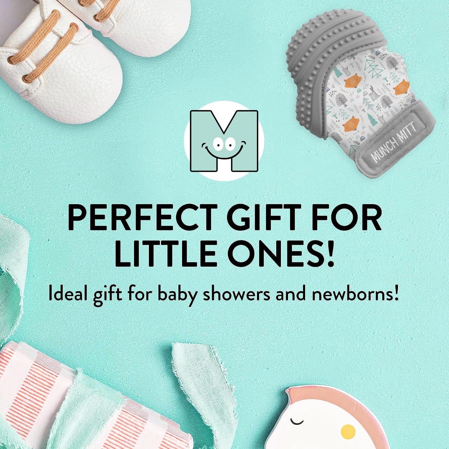Malarkey Kids Patented Teething Mitten, Munch Mitt Baby Chew Toy - Protects Hands from Chewing & Saliva, Heals Aching Gums, Promotes Sound & Visual Stimulation for Babies - Grey Fox