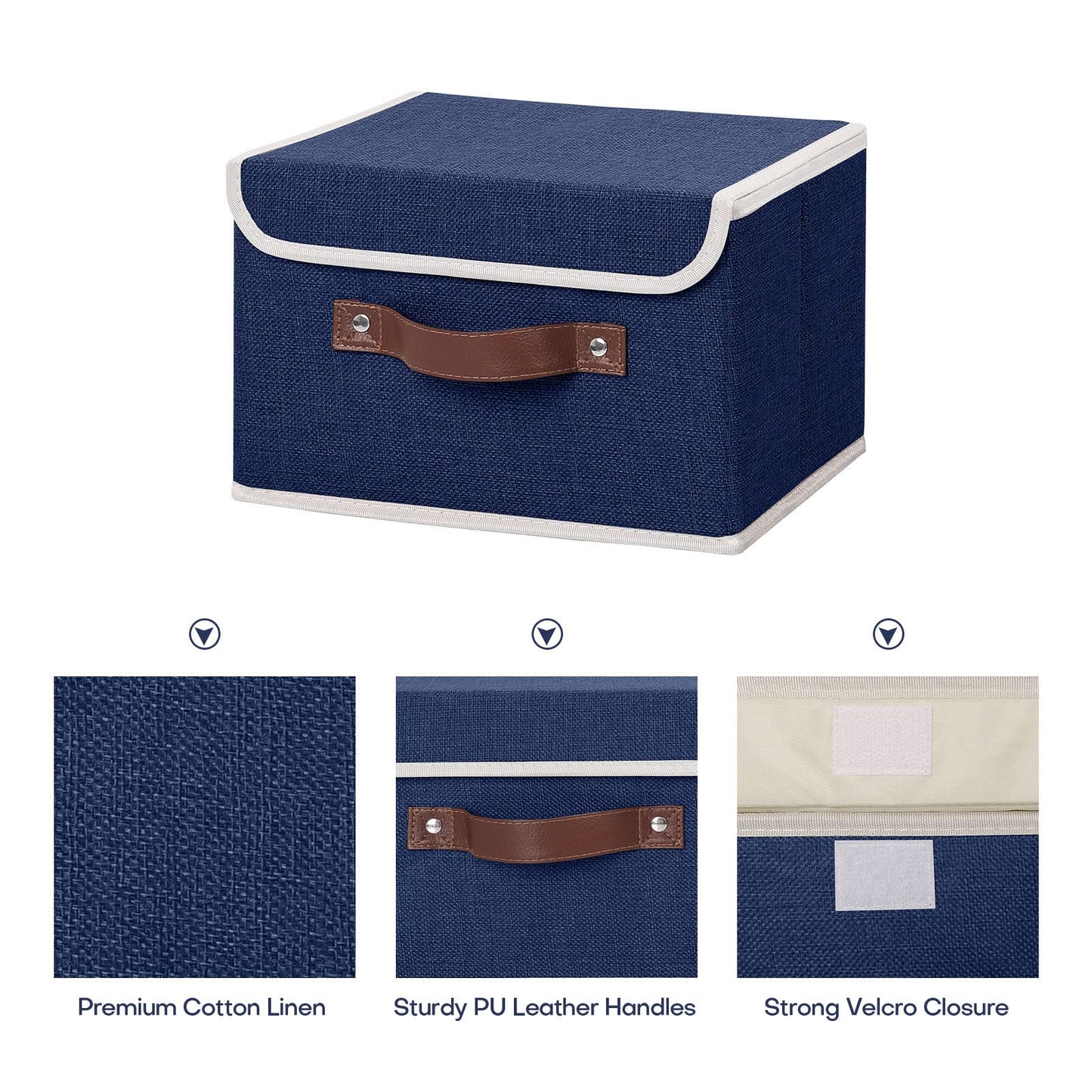 ANMINY Storage Bin with Lid Storage Boxes with PU Leather Handles PP Plastic Board Decorative Foldable Lidded Cotton Linen Fabric Home Cubes Baskets Closet Organizer Container - Blue, Small Size