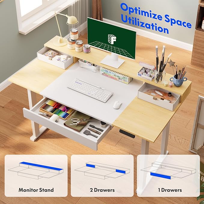 FLEXISPOT 4-Leg Standing Desk with Storage 63x32 in Electric Adjustable Height with 3 Drawers & Shelving Home Office Workstation (White + Maple Top)