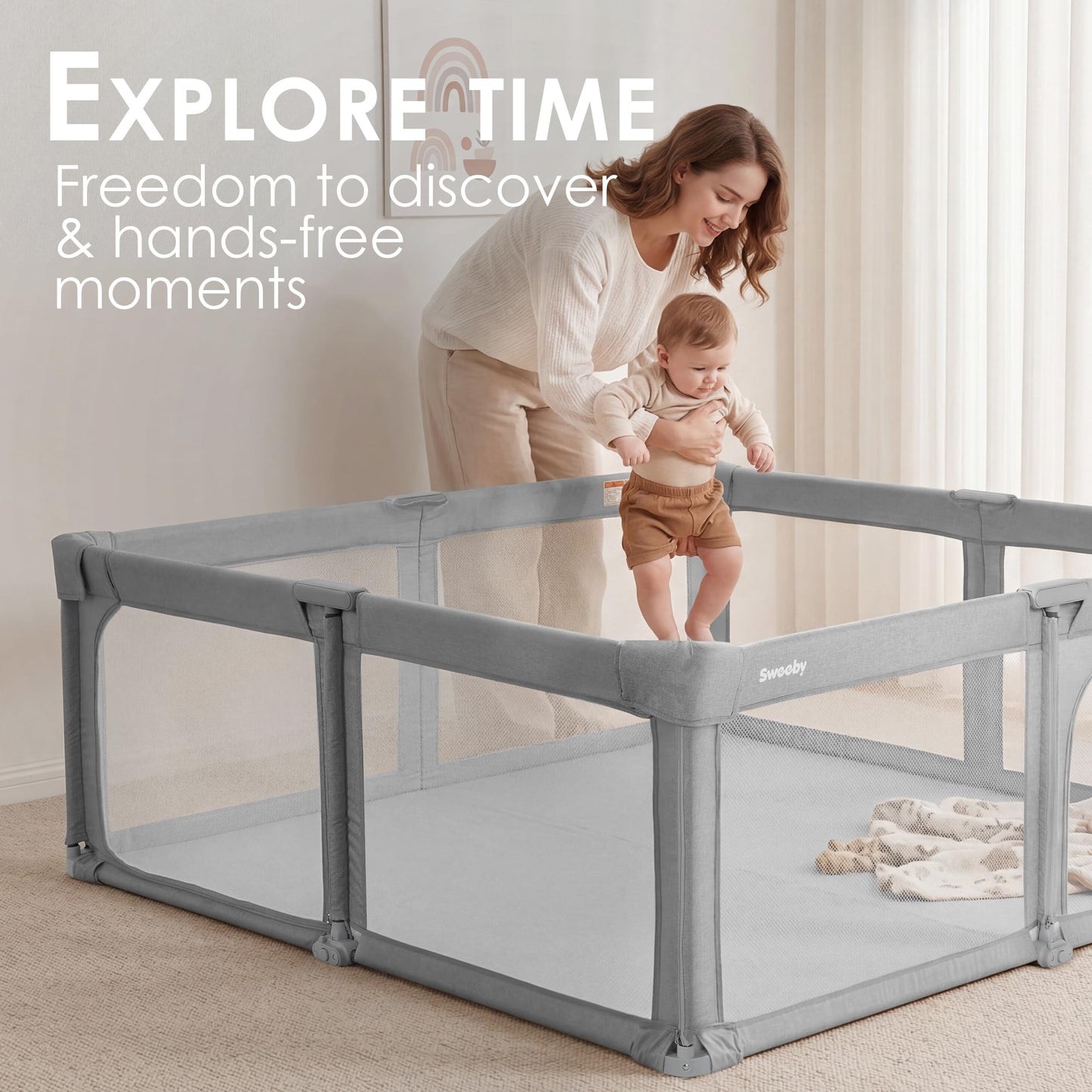 Sweeby Baby Playpen, 59x59 Inch Baby Gate Foldable Playpens for Babies and Toddlers, Extra Large Playpen with Door Play Yard for Kids Fence Indoor and Outdoor Play Pen, Gray