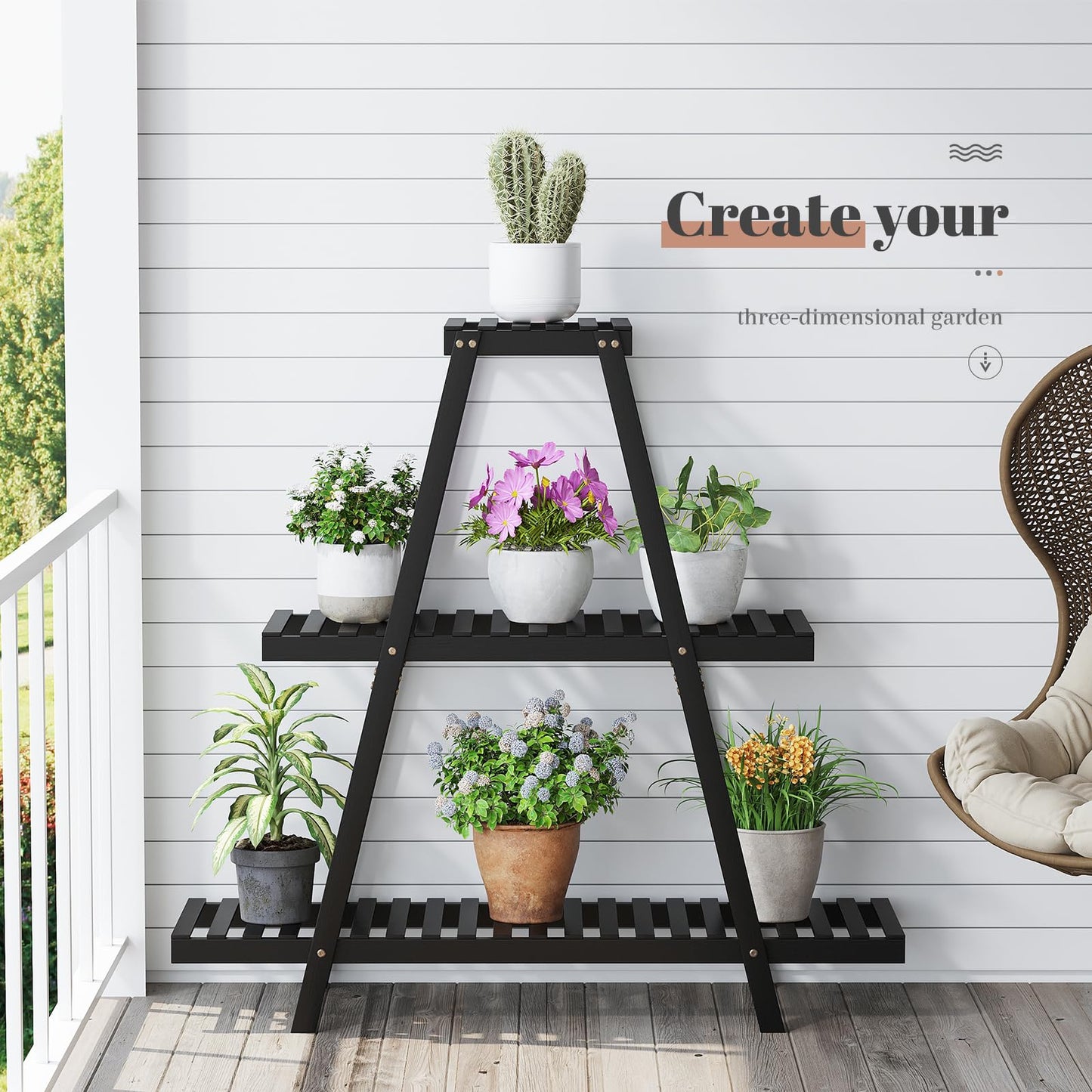 STDDRE Plant Stand For Indoor Outdoor Tiered Plant Shelf 3 Tier 8 Potted Bamboo Flower Holder Ladder Rack For Multiple Triangle Table Plant Pot Stand (Black)