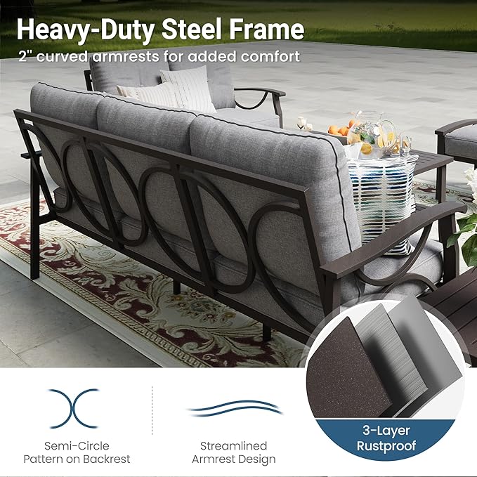 RoyalCraft Outdoor Patio Furniture Set, 3 Pieces Metal Patio Conversation Set with Side Table for Porch Garden Backyard, Grey