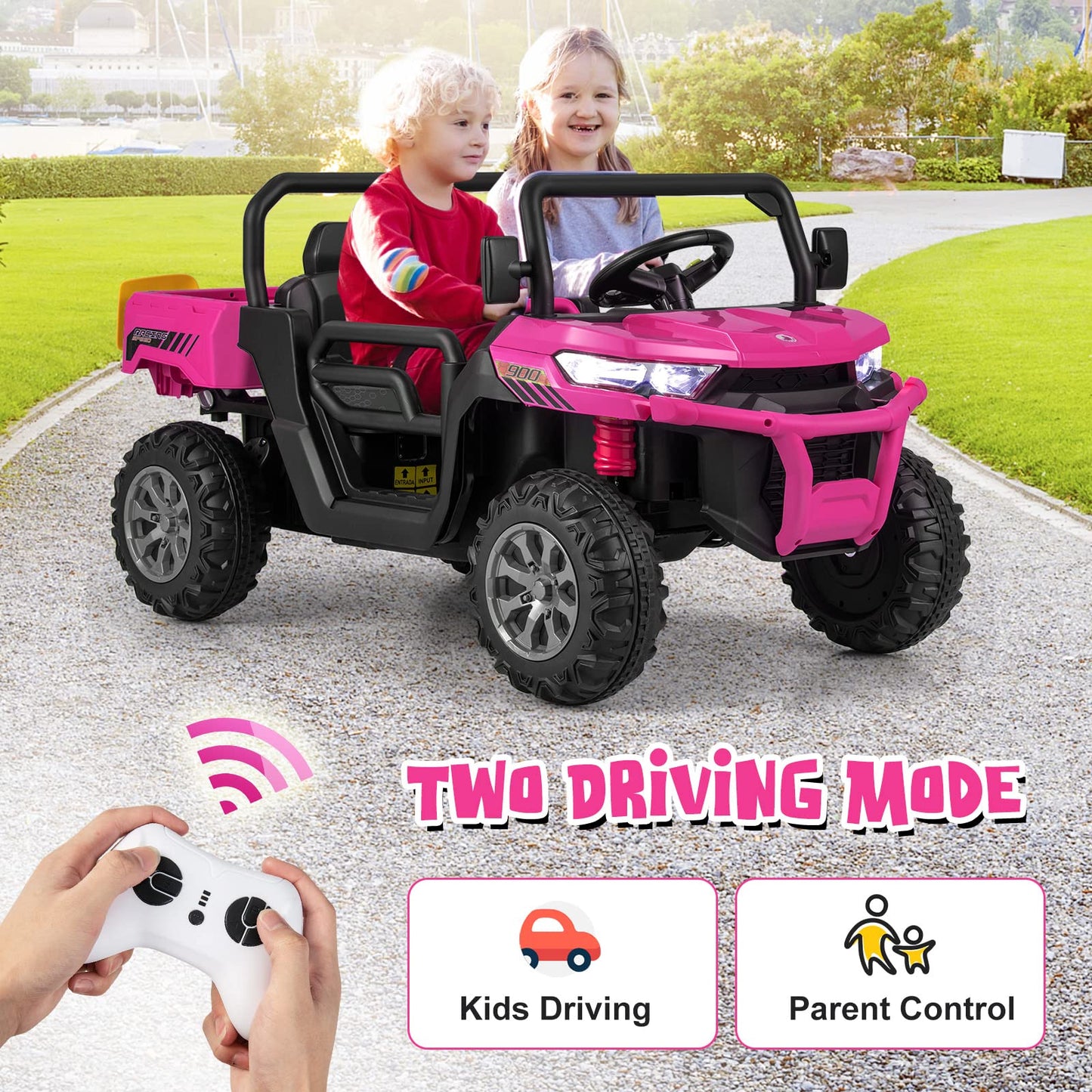 OLAKIDS 2 Seater Ride On Car, 12V Off-Road UTV Electric Vehicle with Remote Control, Dump Bed, Extra Shovel, Music, USB, AUX, Rocking Function, Kids Toddlers Battery Powered Truck (Rose)