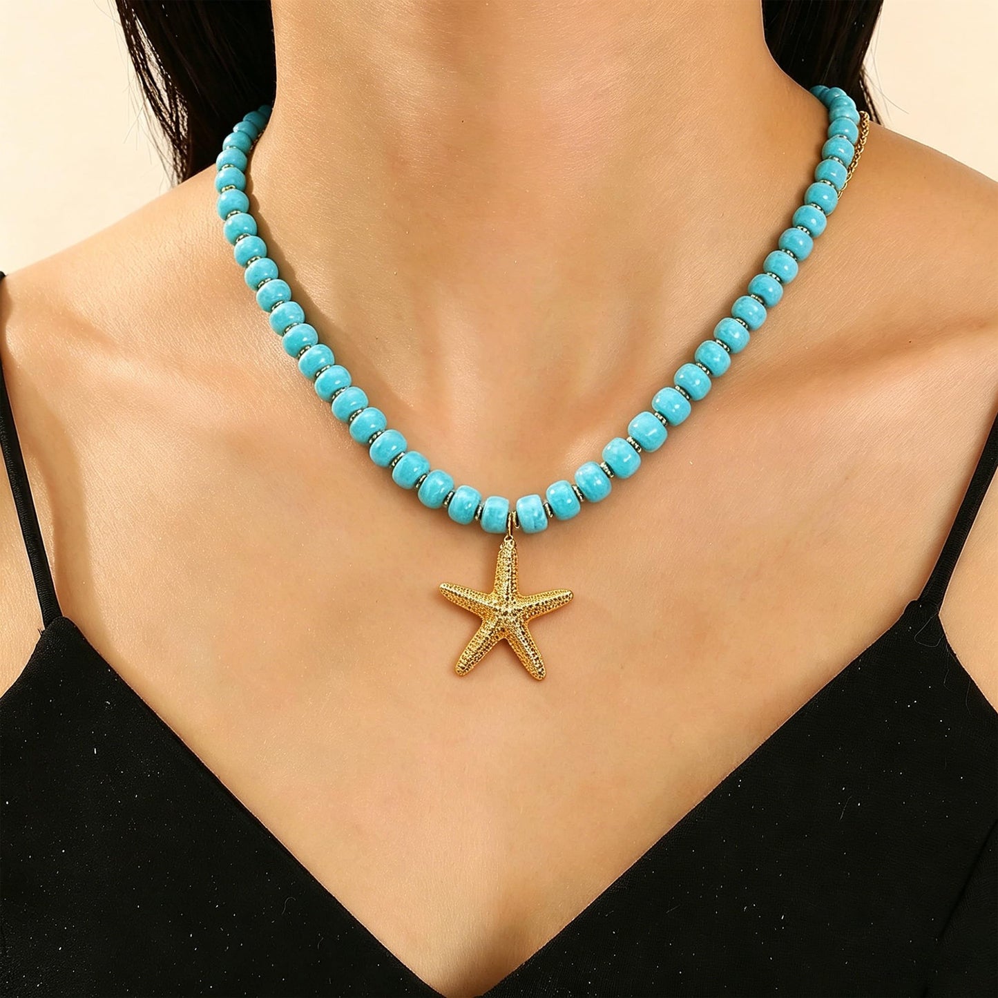 ZXYMHL Chunky Beaded Starfish Shell Necklace Colorful Boho Beach Chain Choke Necklace for Women Summer Trendy Vacation Jewelry Gift (blue starfish)
