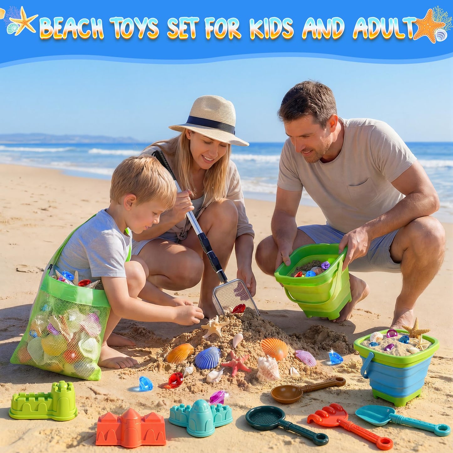 Beach Sand Toys Set with 2 PCS Adjustable Shark Tooth Sifter, Collapsible Beach Bucket,Sandbox Shovels,Sand Castle Kit,Diving Gem,Seashell Bags,Sand Sifter Shell Scooper Beach Essentials for kids 3-12