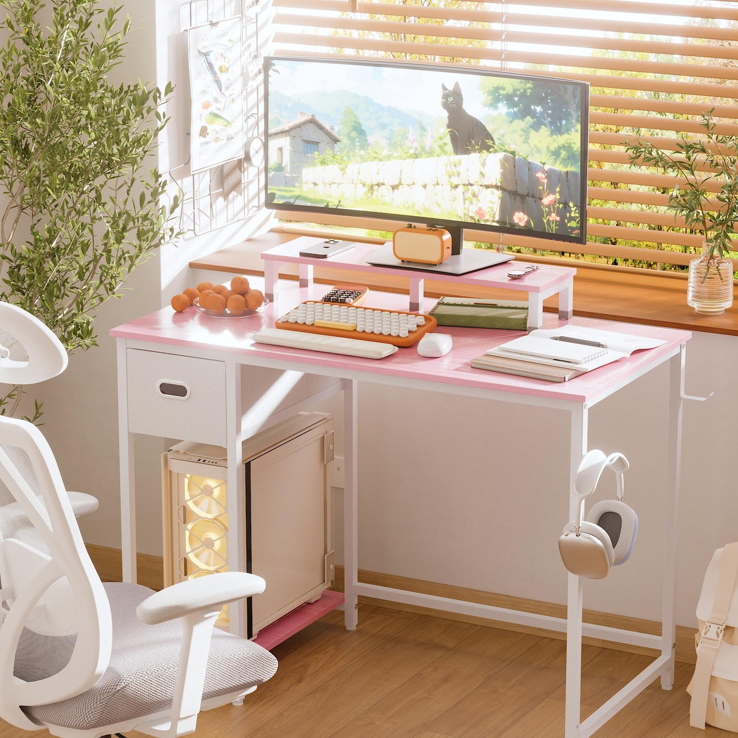 Pamray 39 Inch Computer Desk with Monitor Stand Small Home Office Desks with Non-Woven Storage Drawer for Bedroom Study Table Writing and Work Desk Pink