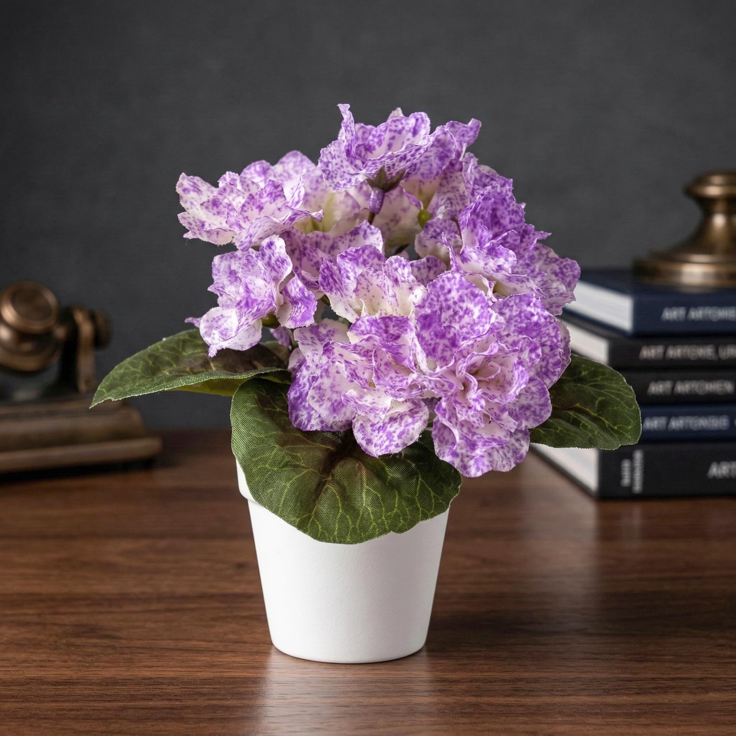 6" Purple Artificial Miniature African Violet – Faux Potted Flower with Ceramic Pot for Home Decor, Office Desk, Shelf Decoration & Small Space Accent
