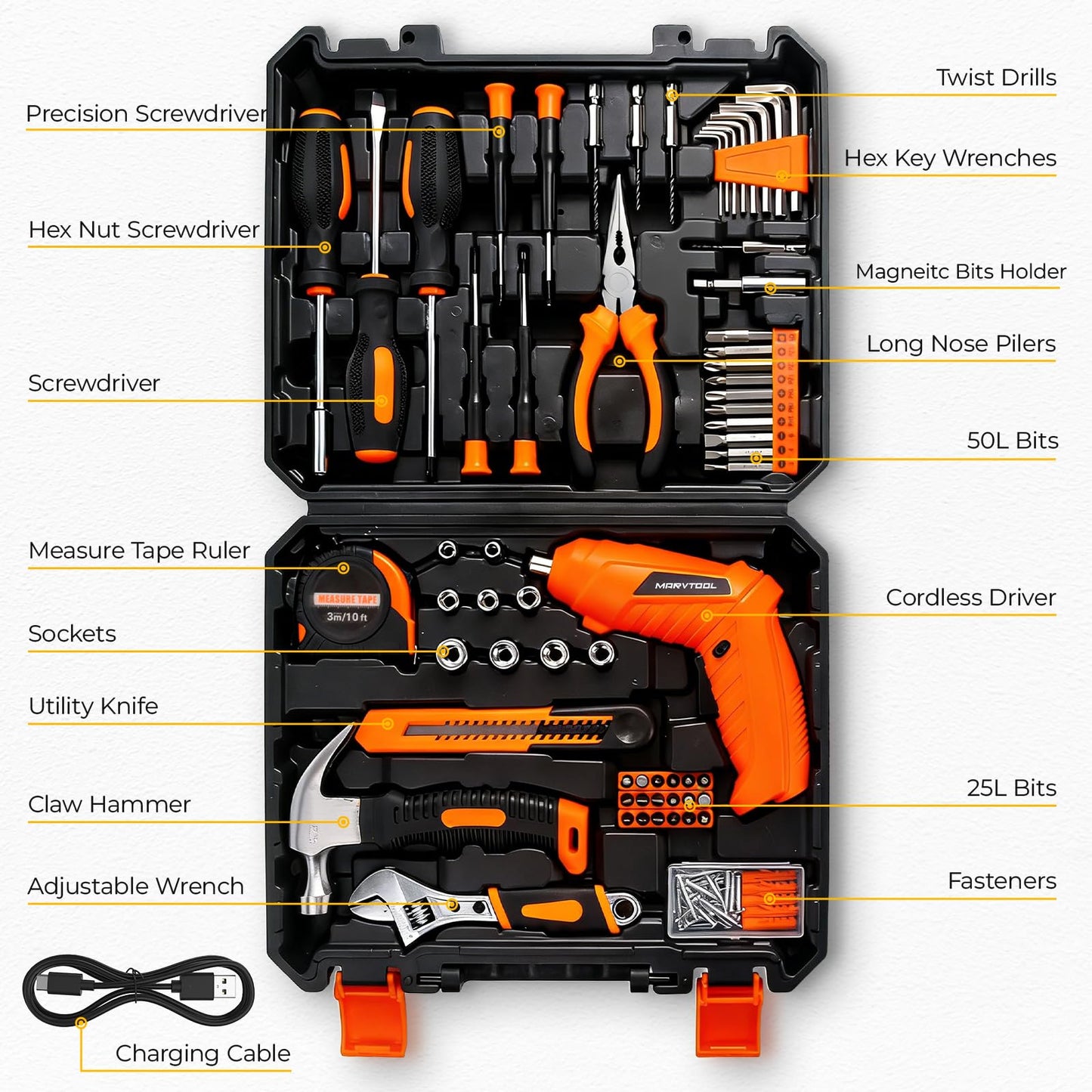MarvTool 140 Piece Tool Set, Portable Tool Box with Cordless Drill, Home Repair Hand Tool Kit, General Household Drill Set for Homeowner, DIY, Handyman, Women