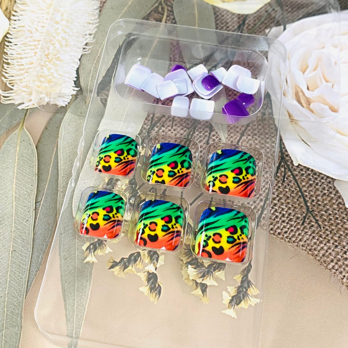 FIEONCIY 24Pcs Press-on Square Acrylic False Nails with Charms, Spring/Summer French Style, Colorful Leopard Pattern, Glue on Toe Nails for Women Girls