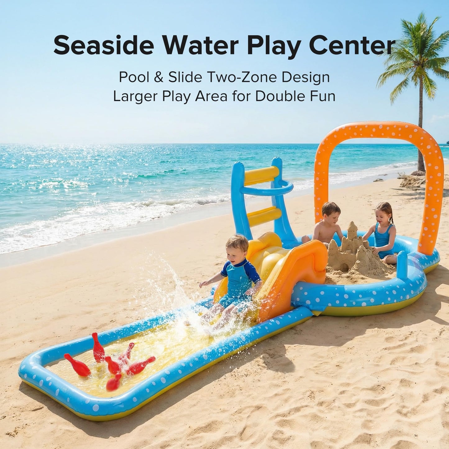 Inflatable Kiddie Pool with Dual Slides, Kids Splash Pool Play Center with Water Slide & Slip Slide, Outdoor Backyard Water Toy for Toddlers
