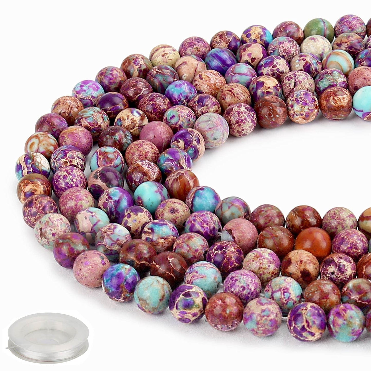 70PCS Natural 8MM Healing Gemstone Colorful Imperial Jasper Energy Stone Round Loose Beads, Semi-Precious Crystal Beads with Free Elastic String for Jewelry Making DIY