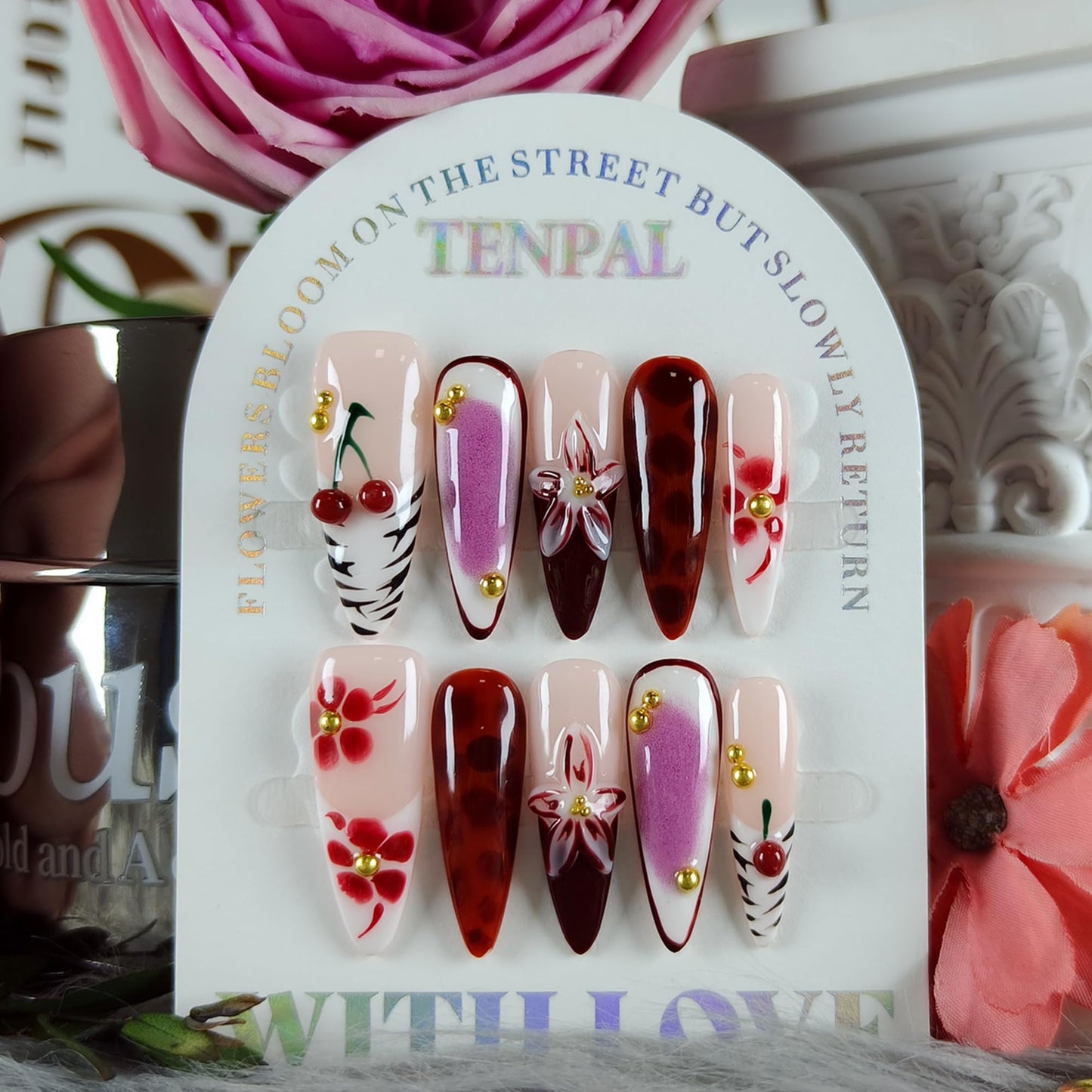 TENPAL Cherry Blush French Tips Press on Nails Long Stiletto with 3D Floral Carving, Handmade & Reusable, Soft Flattering False Nails for Everyday Wear | Sheer Cherry Style(M)