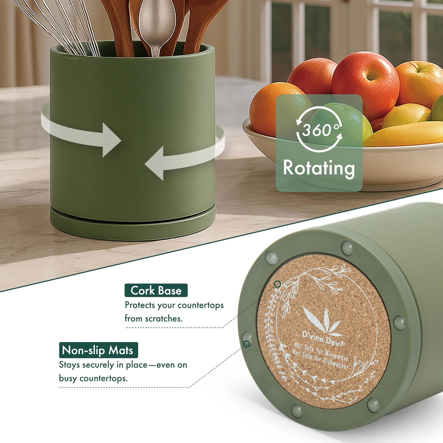 D'vine Dev 360° Rotating Utensil Holder Set – 7.2"+5" Kitchen Utensil Crocks for Countertop, Modern Cooking Tool Organizers for Kitchen Storage +Décor, Olive, Set of 2, 72-Z-C-1