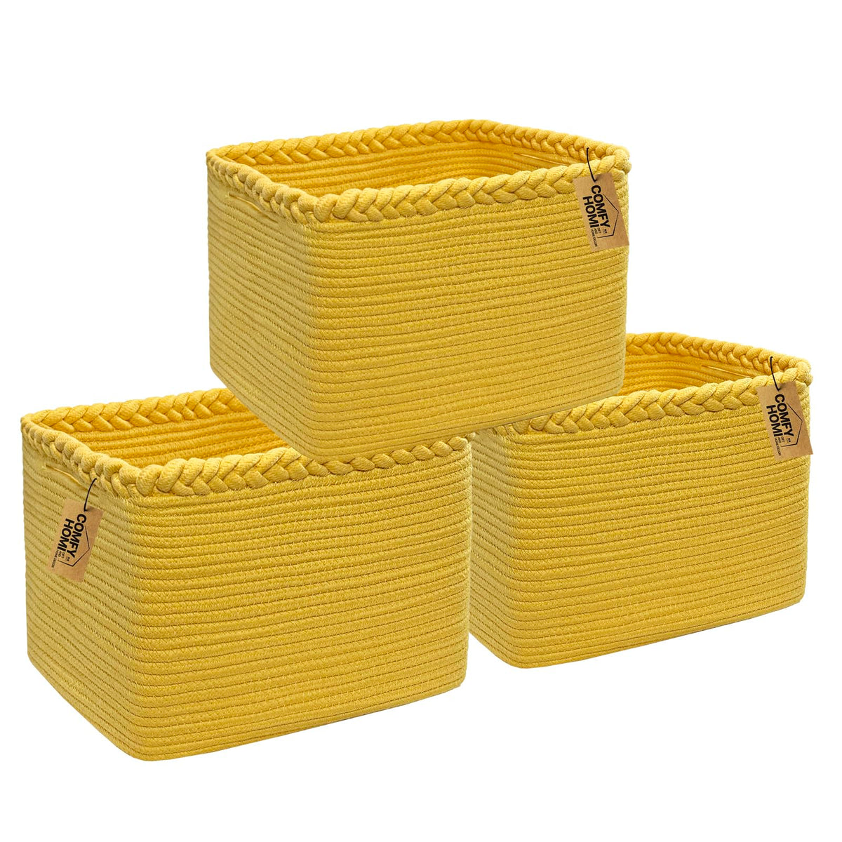 3PACK Cotton Rope Square Basket with Handles for Shelves (3 Count)