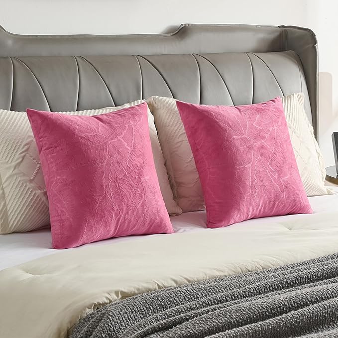 FUTEI Hot Pink Velvet Throw Pillow Covers 26x26 Inch Set of 2,Soft Embossed Leaf-Relief Textured Euro Pillow Shams,Natural Home Decor for Couch Living Room