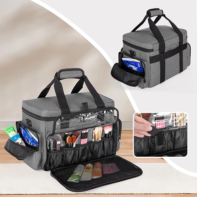 BAFASO Large Makeup Bag with 2 Removable Pouches and Detachable Dividers, Multifunctional Cosmetic Bag to Keep Makeup and Hair Supplies (Patent Pending), Gray