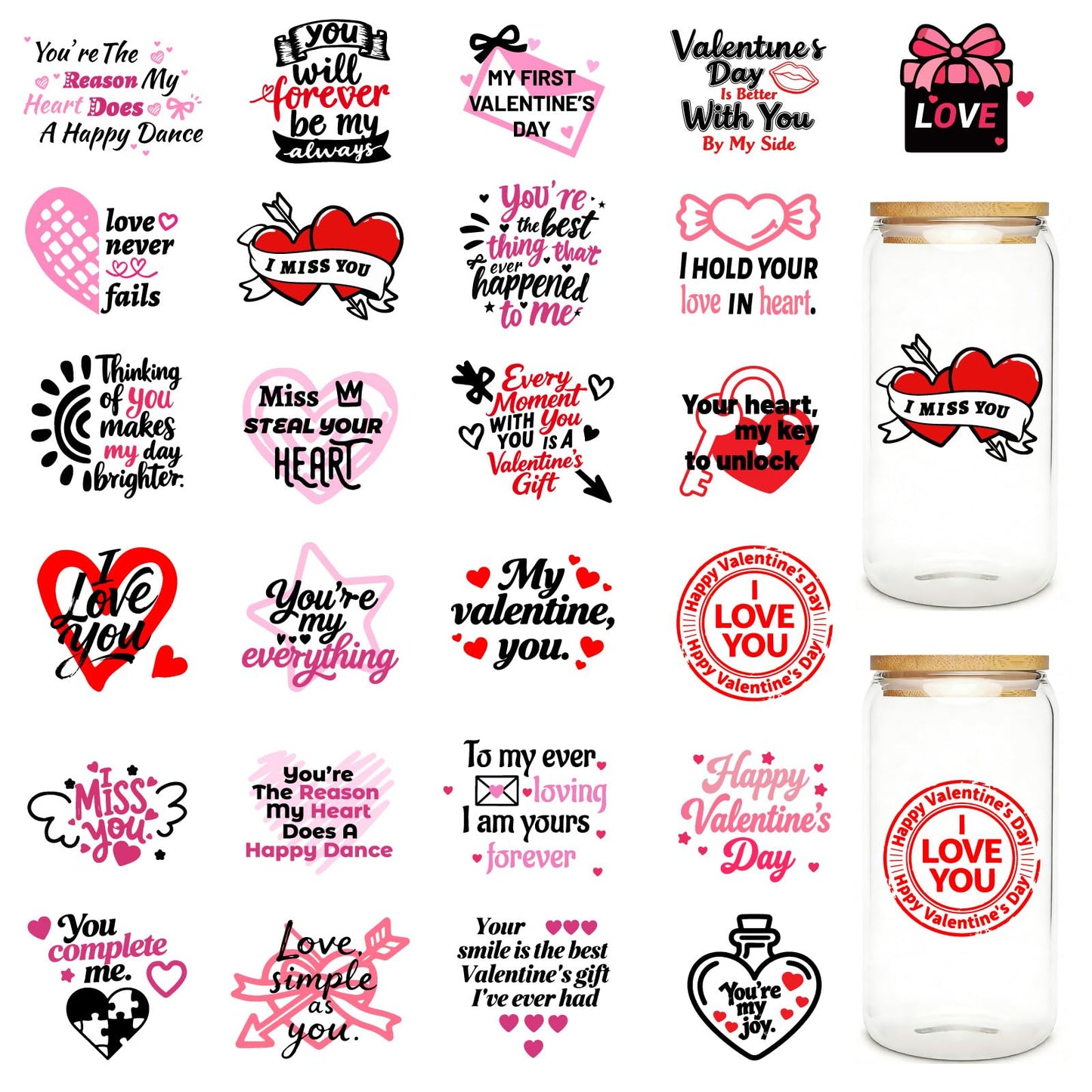 PRESSINART 25Pcs 25 Styles Valentines Vinyl Stickers for Jars Love Words Pattern PVC Self Adhesive Waterproof Holiday Cup Sticker Set for Scrapbooking Card Making Gift Glass Water Bottle Decoration