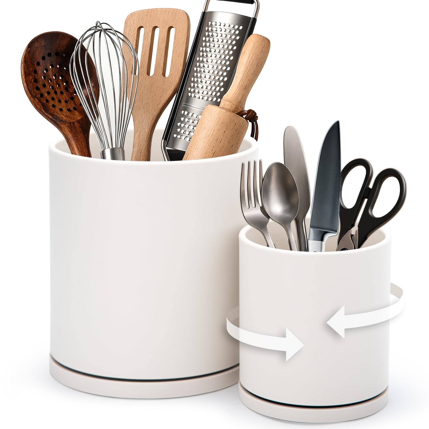 D'vine Dev 360° Rotating Utensil Holder Set – 7.2"+5" Kitchen Utensil Crocks for Countertop, Modern Cooking Tool Organizers for Kitchen Storage +Décor, Oatmeal, Set of 2, 72-Z-D-1