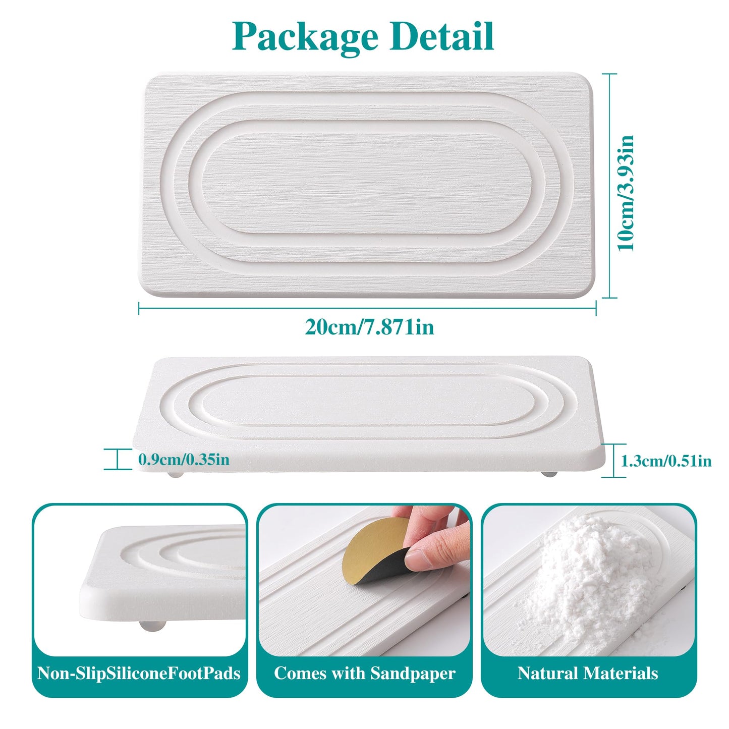 2PCS Water Absorbing Stone Tray for Sink, Quick Drying Diatomite Bathroom Tray Countertop, Stone Drying Mat for Kitchen Counter Faucet, Soap Dish Dispenser Vanity Organizer, White-7.9" x 4"