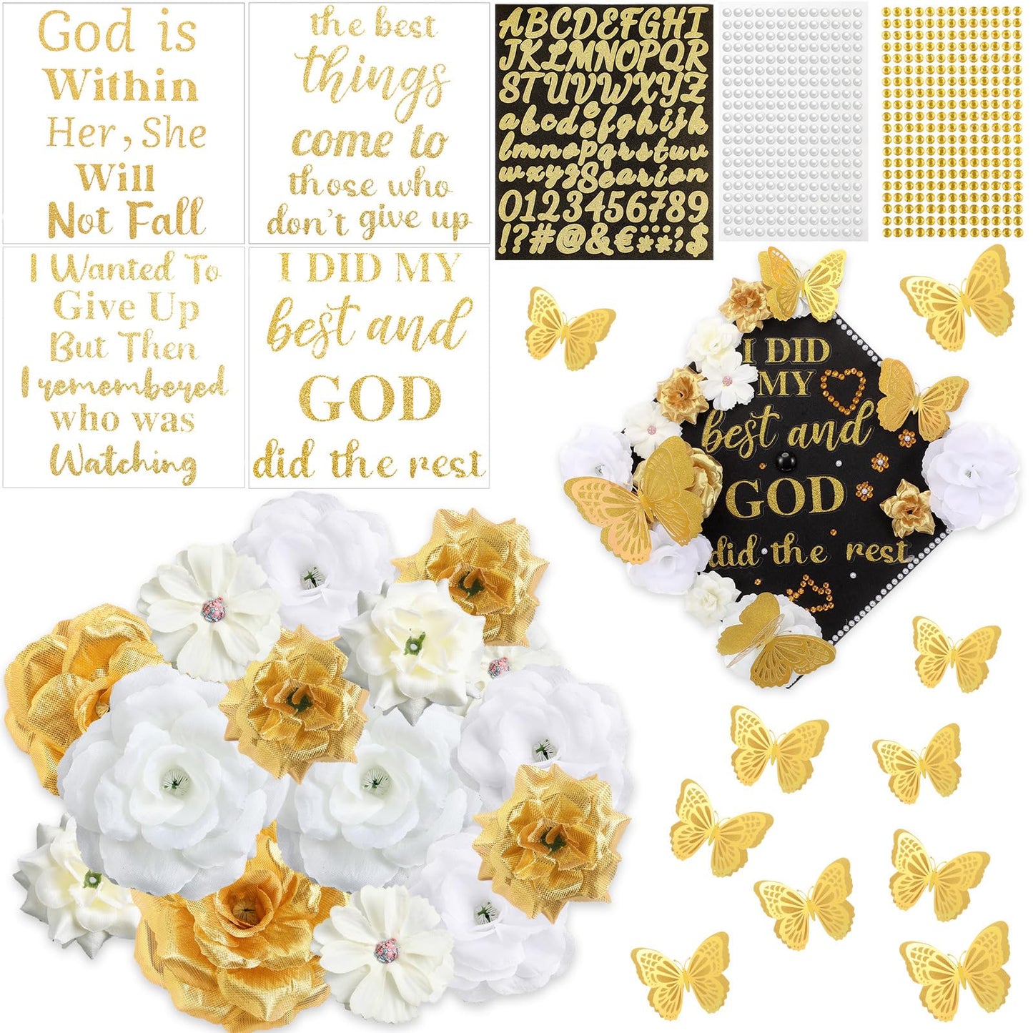 Solsew 35 Pcs DIY Graduation Cap Decorations Kit, Include Faux Flower 3D Butterfly Graduation Quote Glitter Sticker Pearl Rhinestone for Grad Hat Topper Cover Craft Gift(Creamy White,Gold,White)