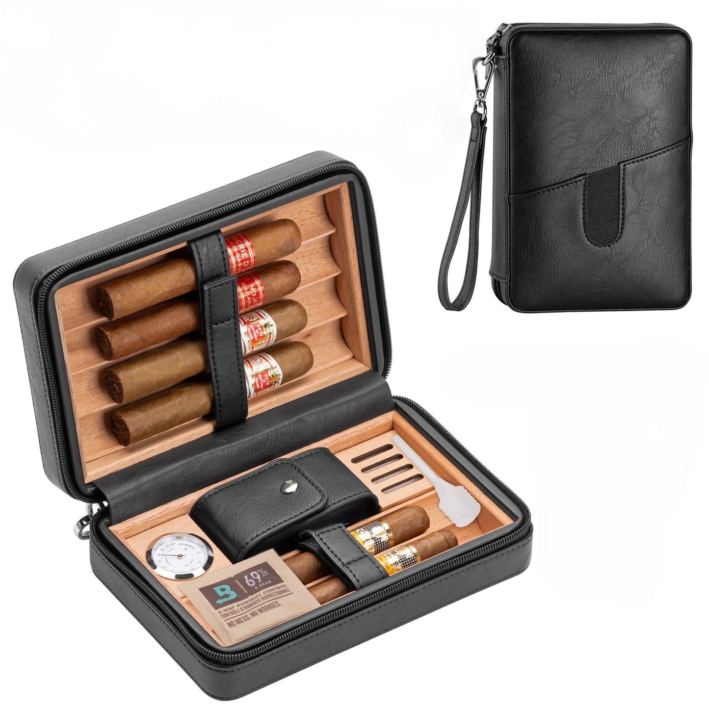 Cigar Humidor, Leather Cedar Wood Cigar Case with Multi-Functional，Hygrometer,Humidifier, Portable Cigar humidor,Carry Strap,Travel humidor Cigar Box, Cigar Gift for man.