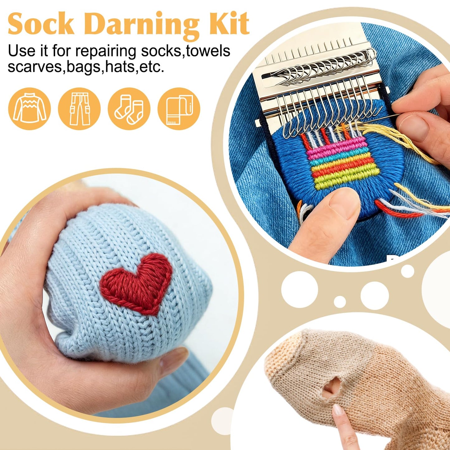 Meetory Knit Patch - Mushroom Mini Darning Loom, Knitpatch Kit with 14 Hooks Small Weaving Loom 14 Pcs Large Eye Needles 50 Color Threads for Handcraft DIY Weaving Repair Tool for Mending Jeans Socks