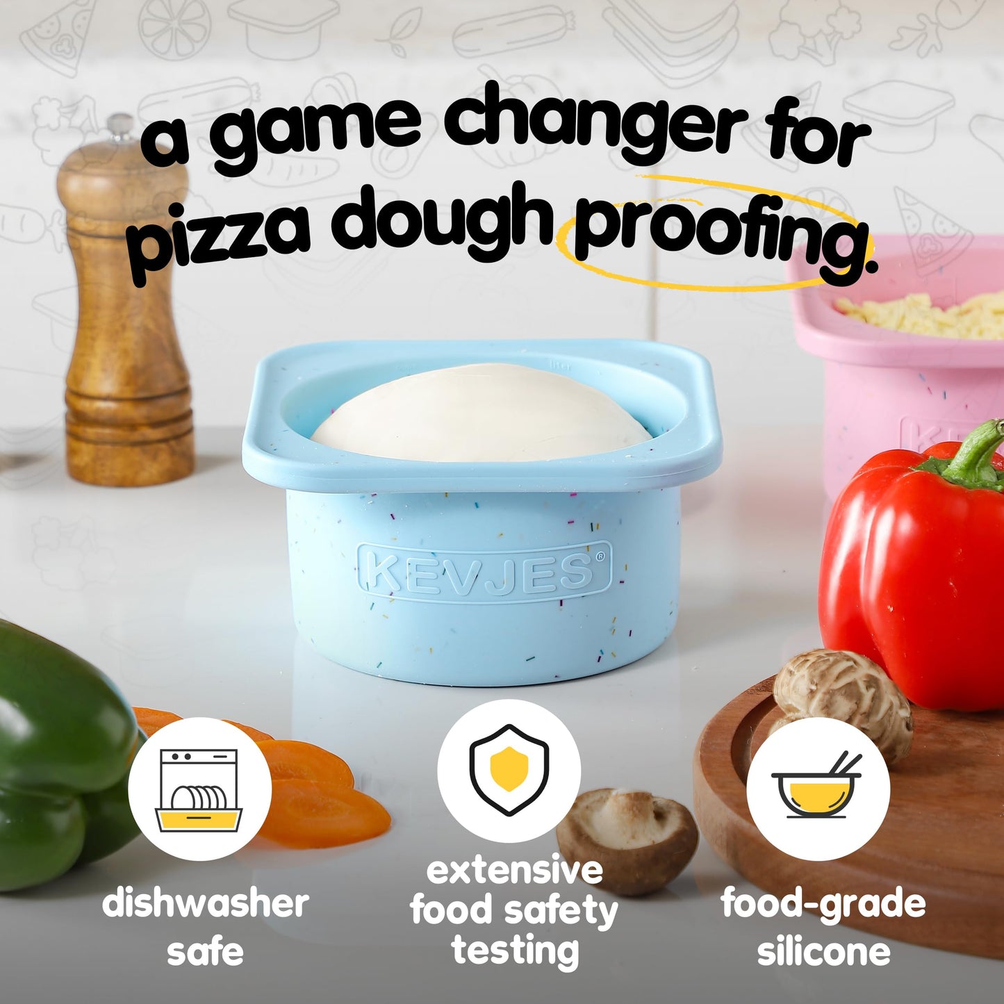 KEVJES PLUS 1000ml Pizza Dough Proofing Containers for DIY family Artisan Pizza, Food Grade Silicone Stackable Boxes with Lids, Freezer, Fridge, Dishwasher Safe-Sprinkles Pattern-3 Pack (Aqua)