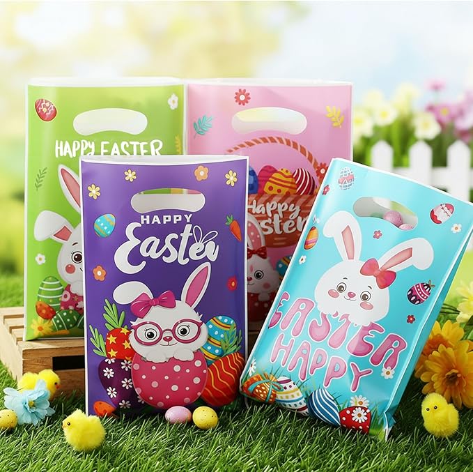 Easter Treat Bags with Handles, 50Pcs Colorful Bunny Treat Bags Bulk, Plastic Goody Candy Cookie Snack Tote Gift Bag for Happy Easter Egg Hunt Activity Spring Holidays Party Favor Supplies Decorations