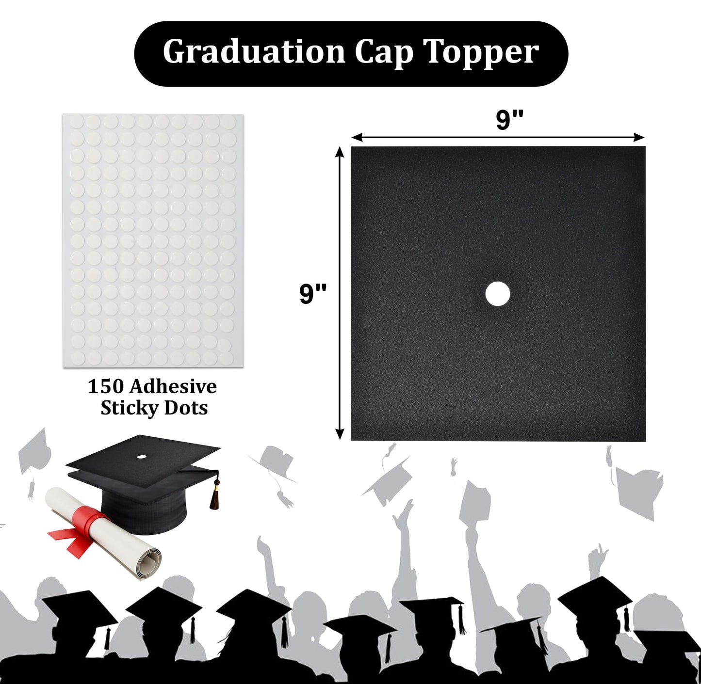 Graduation Cap Topper Kit 25 Count 9x9 Inch Black Glitter Caps with 150 Adhesive Dots for DIY Decorating Mortarboard Decoration Supplies