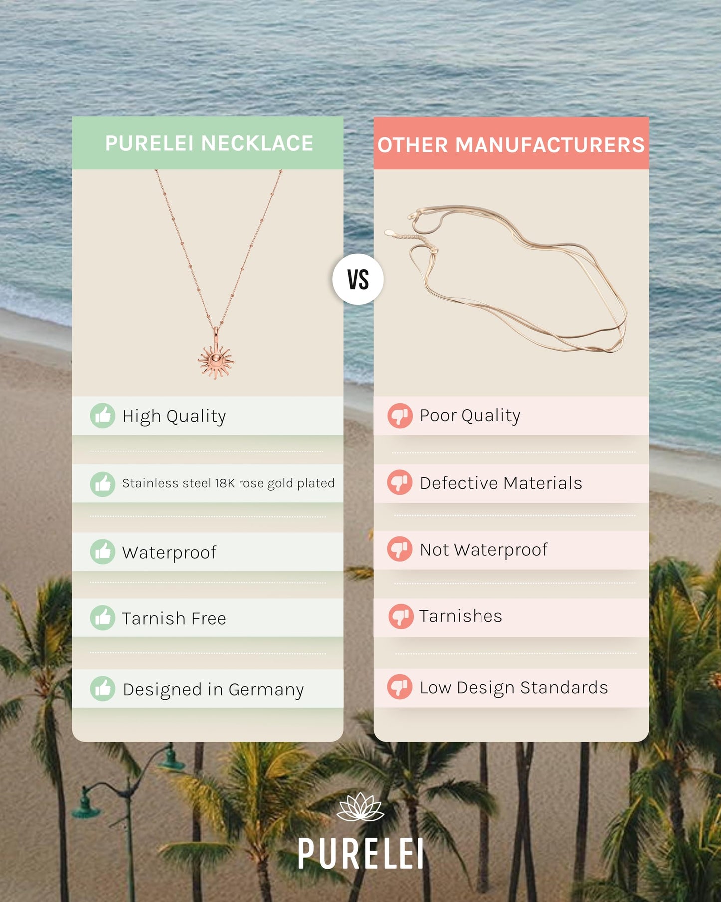 Purelei® Sun Necklace: Waterproof & Adjustable, Chain with sun pendant, 20 to 22 inch adjustable length, 18K Gold plated stainless steel - rosegold