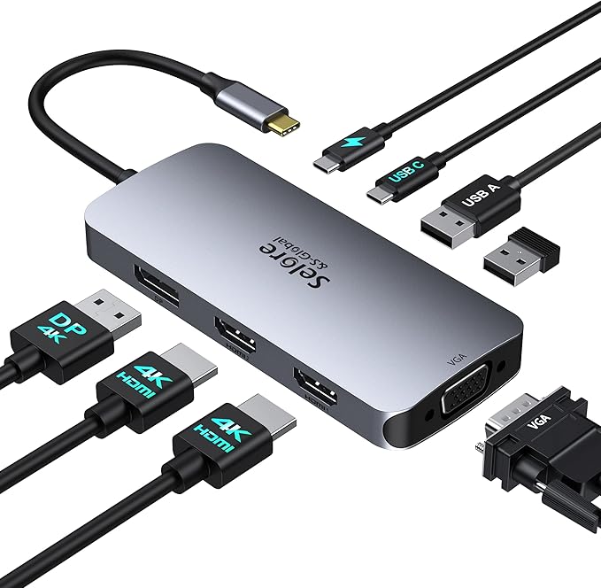 USB C Docking Station Dual HDMI Monitor Adapter, Selore USB C Hub 3 Monitors with Dual HDMI, Displayport, VGA, 100W PD Charging, 3USB 2.0 Ports Adapter for Dell XPS, HP, Lenovo, etc