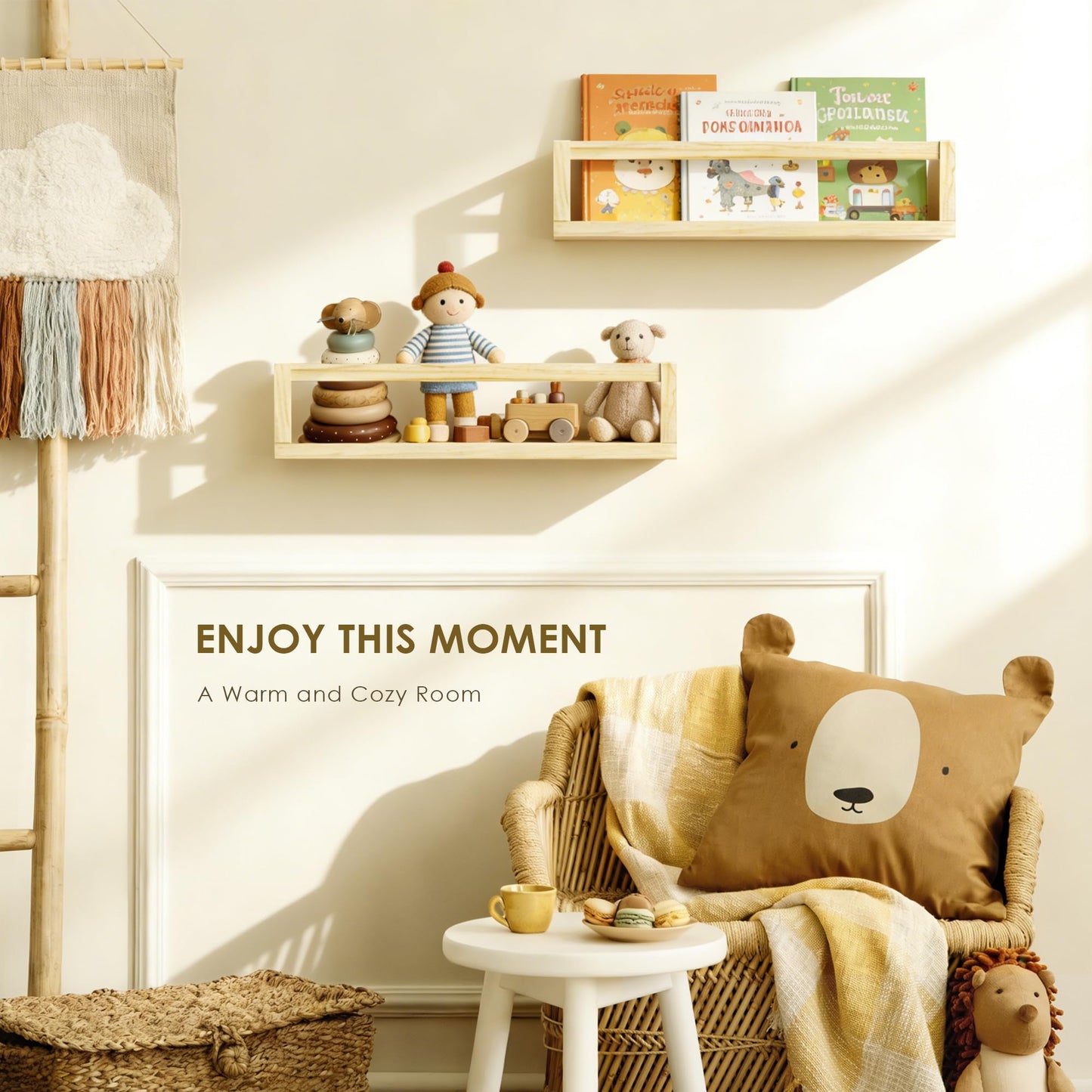 Picrit Set of 4 Natural Solid Wood Nursery Floating Shelves - Decorative Wall-Mounted Kids Bookshelf for Toy Storage & Book Display in Playroom or Kids Room, Durable Organizer
