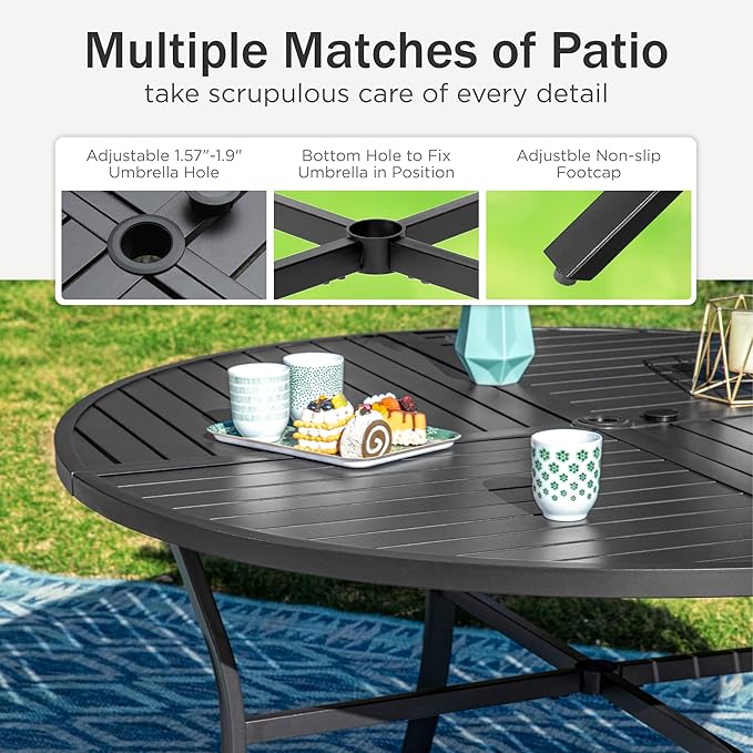 PHI VILLA 7 Pieces Outdoor Dining Set for 6, 54" Round Black Metal Table with Umbrella Hole & Wrought Iron Swivel Chairs, Large Outside Furniture with Blue Cushions & Pillows for Patio, Deck, Porch