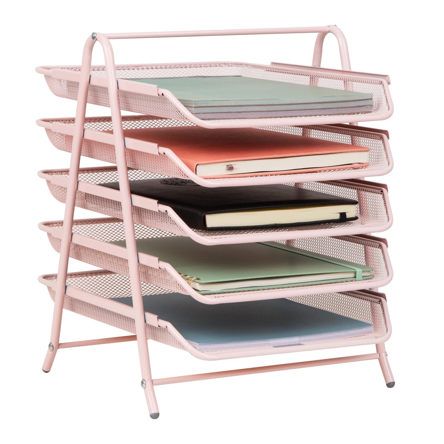 Mind Reader 5-Tier Paper Tray Organizer, Vertical Desktop File Storage Rack, Office, Metal Mesh, Pink