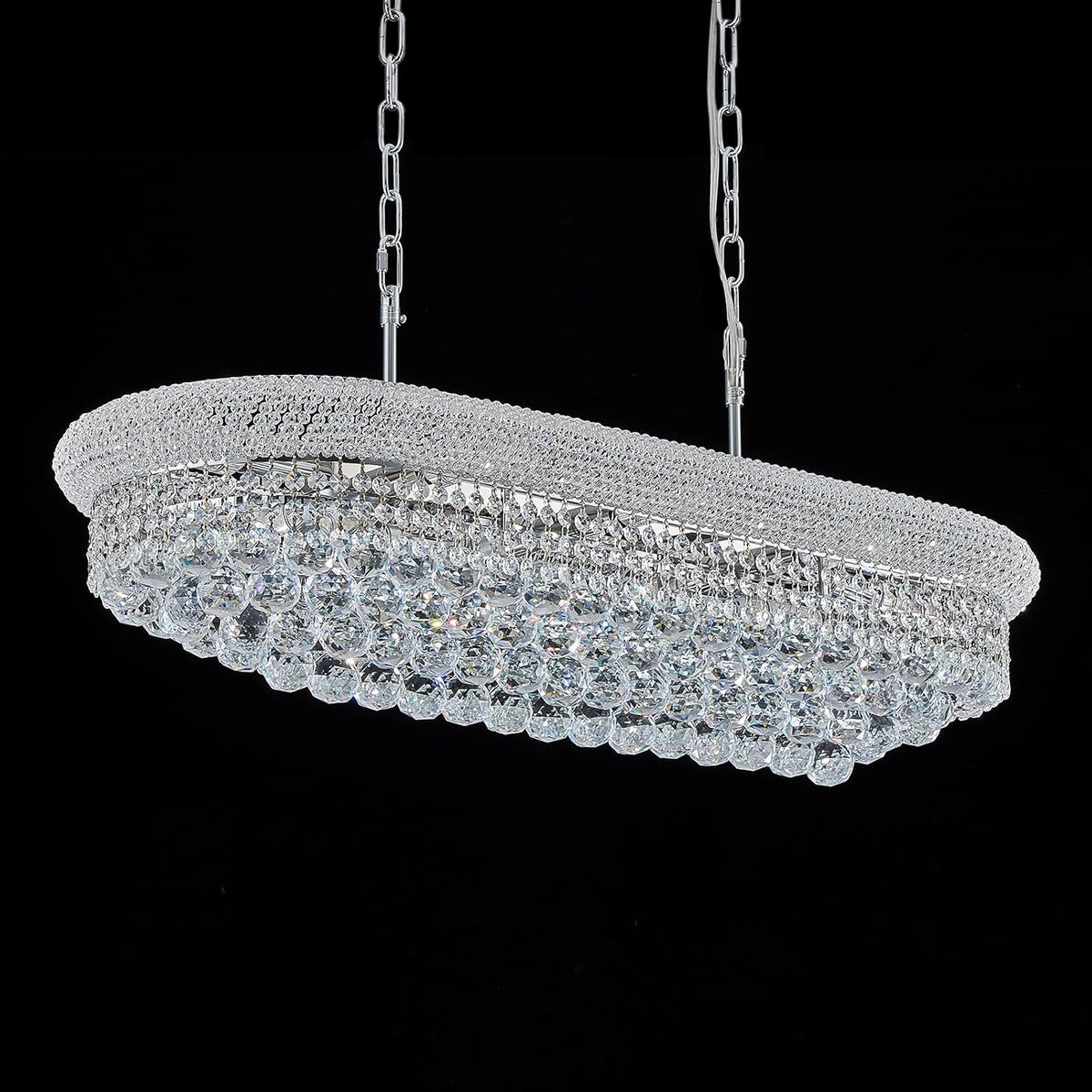 Rectangular Crystal Chandeliers for Dining Room,10 Lights Adjustable Height Oval Crystal Ceiling Light Fixture for Kitchen Island, Chrome Finish, L36''