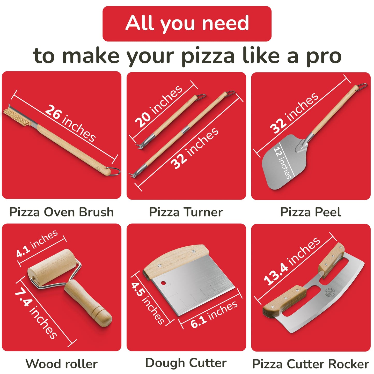Senwosa Premium Pizza Oven Accessories Kit - 6-Piece Set for Home Pizza Making: Includes Pizza Peel, Oven Brush, Bubble Popper Turner, Rocker Cutter, Dough Roller & Scraper