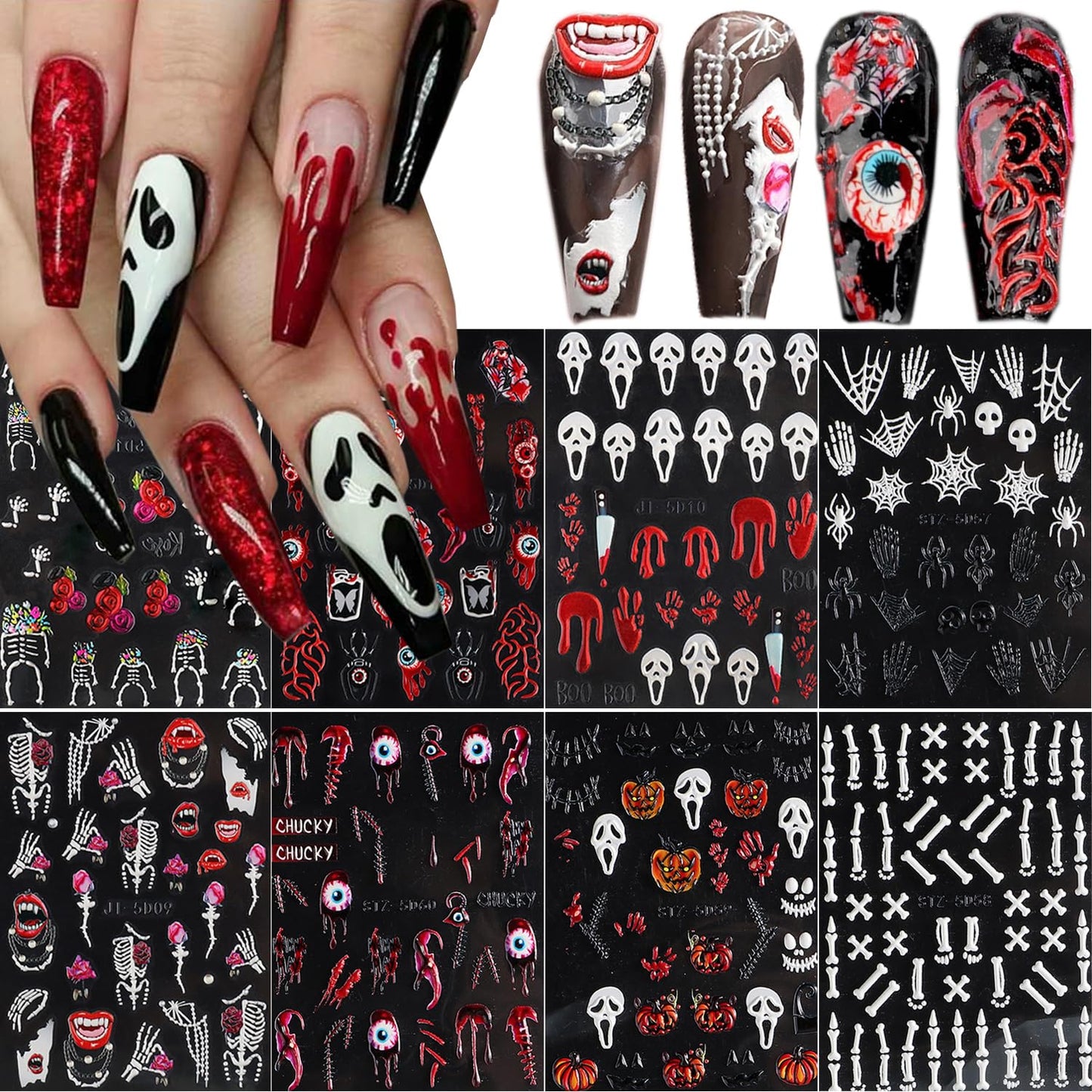 8Sheets Halloween Nail Stickers for Nail Art 5D Embossed Skull Ghost Nail Decals Self-Adhesive Pumpkin Spider Bat Eyes Skeleton Designs Horror Goth Nail Art Stickers for Women DIY Manicure Decoration