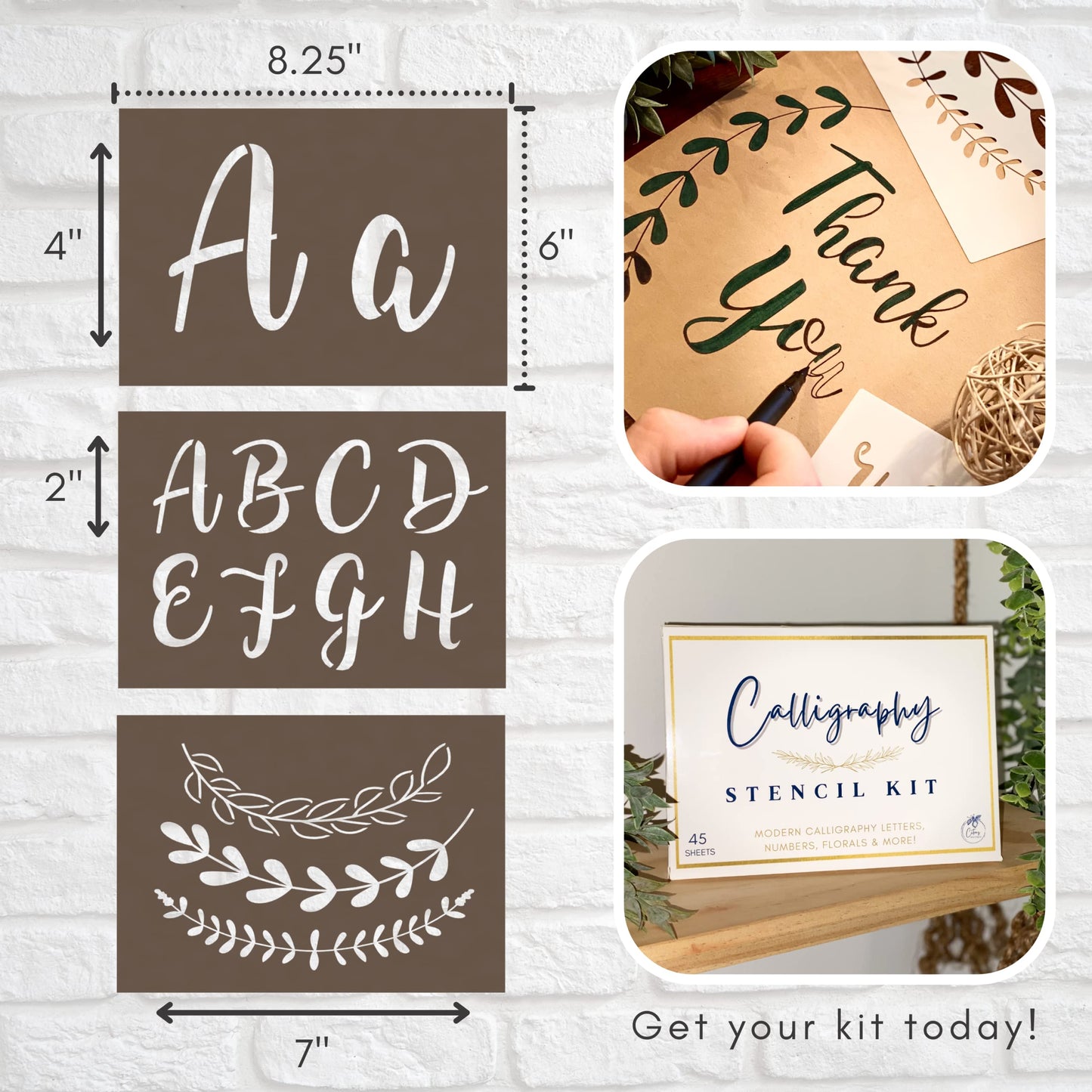 Boutique Calligraphy Stencil Template Kit | 45 Reusable Pieces | Lettering Upper, Lowercase, Large & Small | Numbers, Punctuation, Laurels and Flowers - For Arts Crafts Painting Wood (Calligraphy Kit)