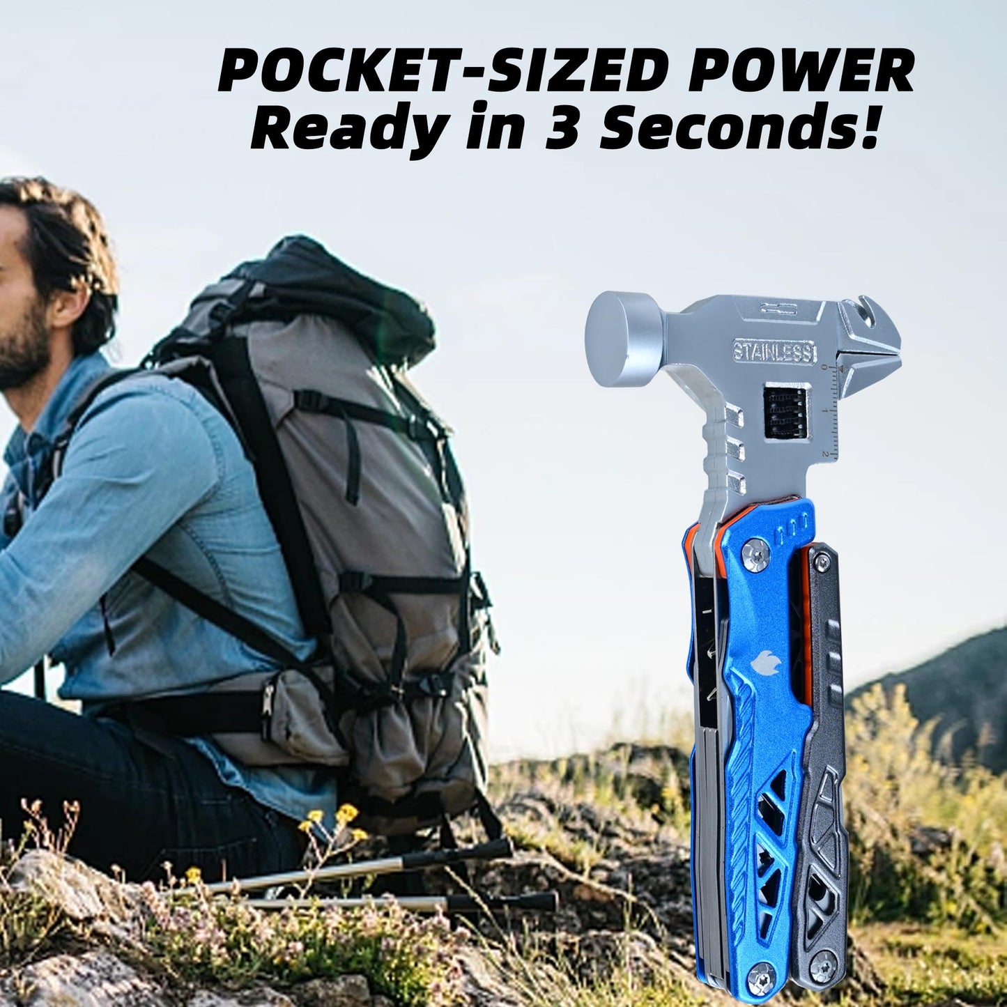 18-in-1 Multipurpose Tool Kit, Survival Camping Gear & Fishing Gifts for Dad - Multitool with Hammer, Pliers, Screwdriver and Pocket Knife for Men