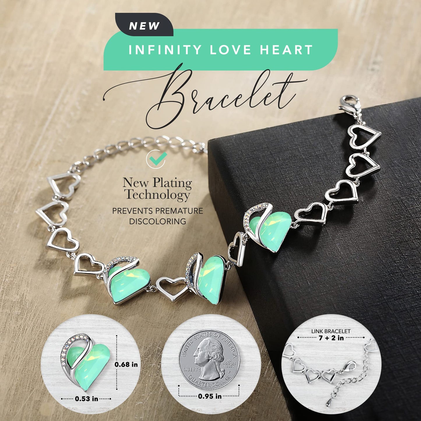 Leafael Infinity Love Heart Gift Bracelet for Women, Birthstone Crystal, Silver Tone, 7-inch Chain and 2-inch Extender