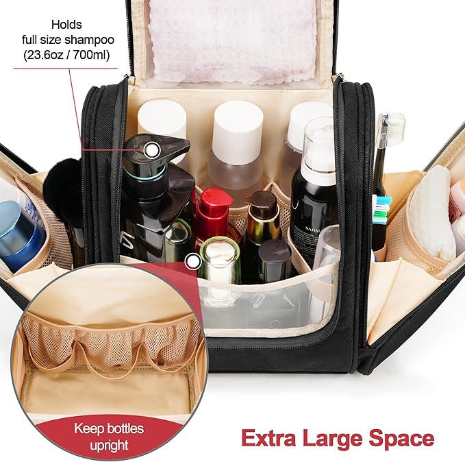 Hanging Travel Toiletry Bag for Women and Men, 6 Organizer Compartments, Large Toiletries essentials, Bathroom Cosmetic Accessories, Water-resistant Makeup Bag, Holds Full-Size Shampoo, Black