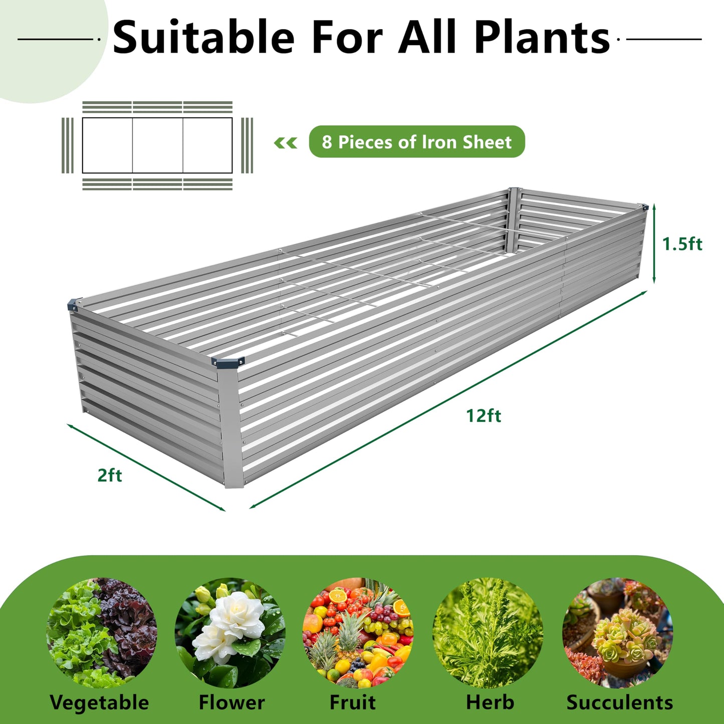 MGNO 12x2x1.5FT Galvanized Raised Garden Bed-Outdoor Planter Box for Vegetables-Metal Garden Bed,RRectangle Planting Box for Herb,Flower