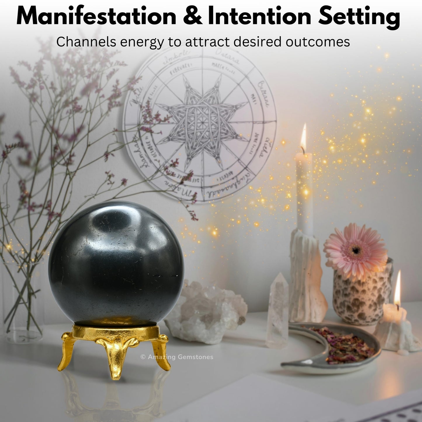 Amazing Gemstone Hematite Crystal Ball with Stand - 2 Inches Crystal Sphere Meditation Balls for Witchcraft and Decorative Balls