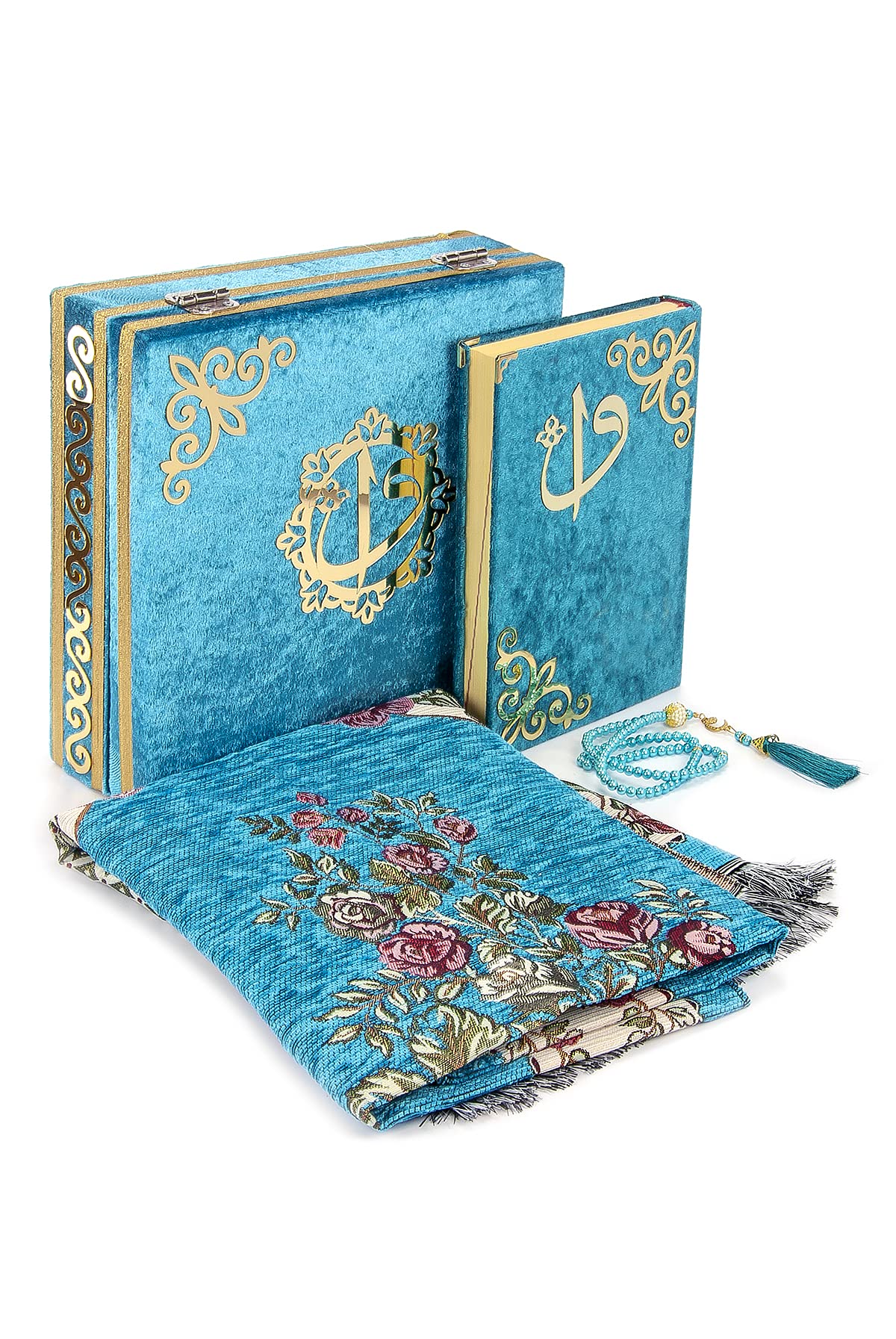 ihvan online Luxury Islamic Prayer Velvet Covered Gift Box, Deluxe 4 Piece Set with Elegant Velvet Covered Quran & Prayer Beads Tesbih & Prayer Rug, Ramadan & Eid Gift, Petroleum