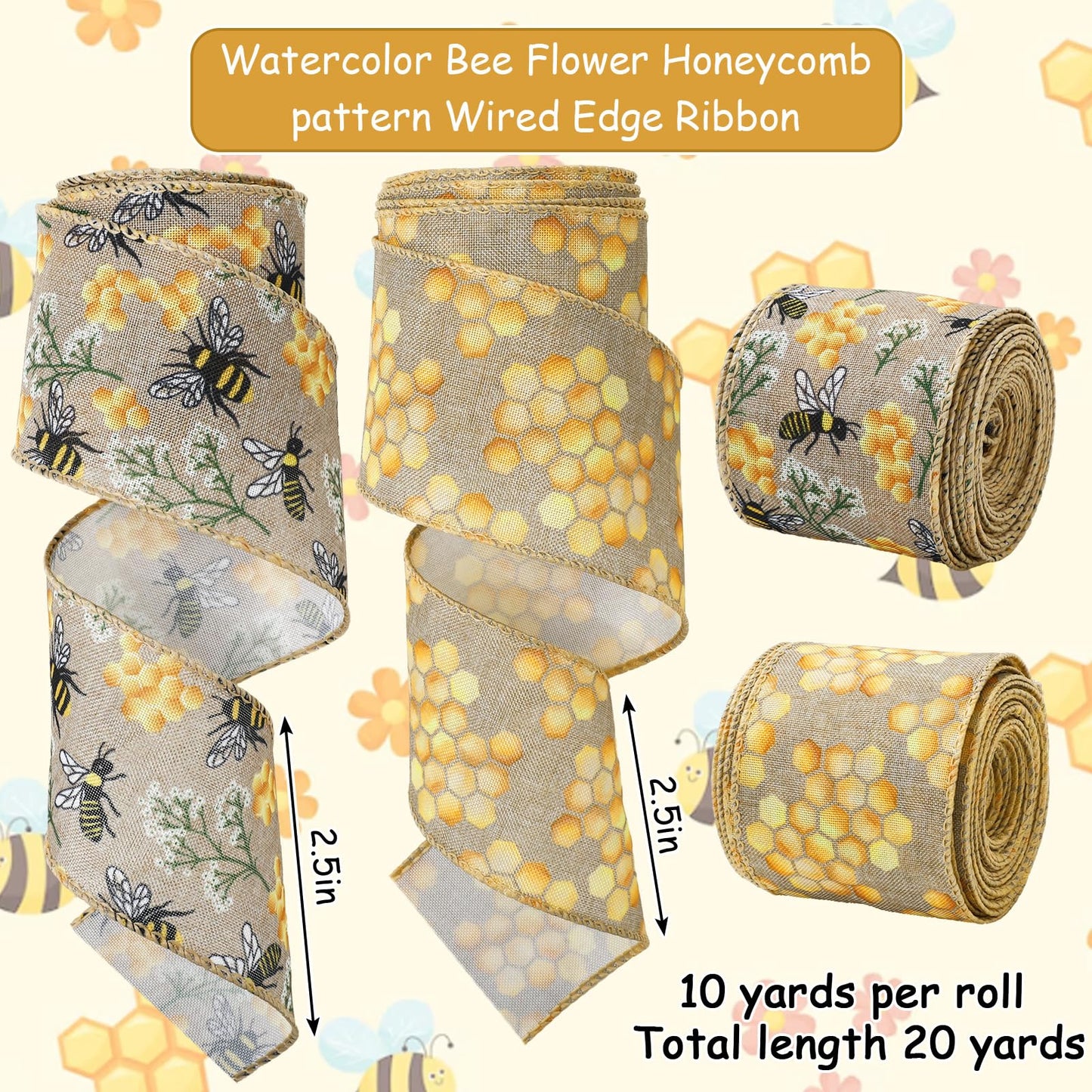 JarThenaAMCS 2 Rolls Bee Wired Edge Ribbons Craft Ribbon 2.5 in 20 Yards Bumble Bee Honeycomb Fabric Wrapping Ribbon for Bow Wreath Summer Party Home Decor