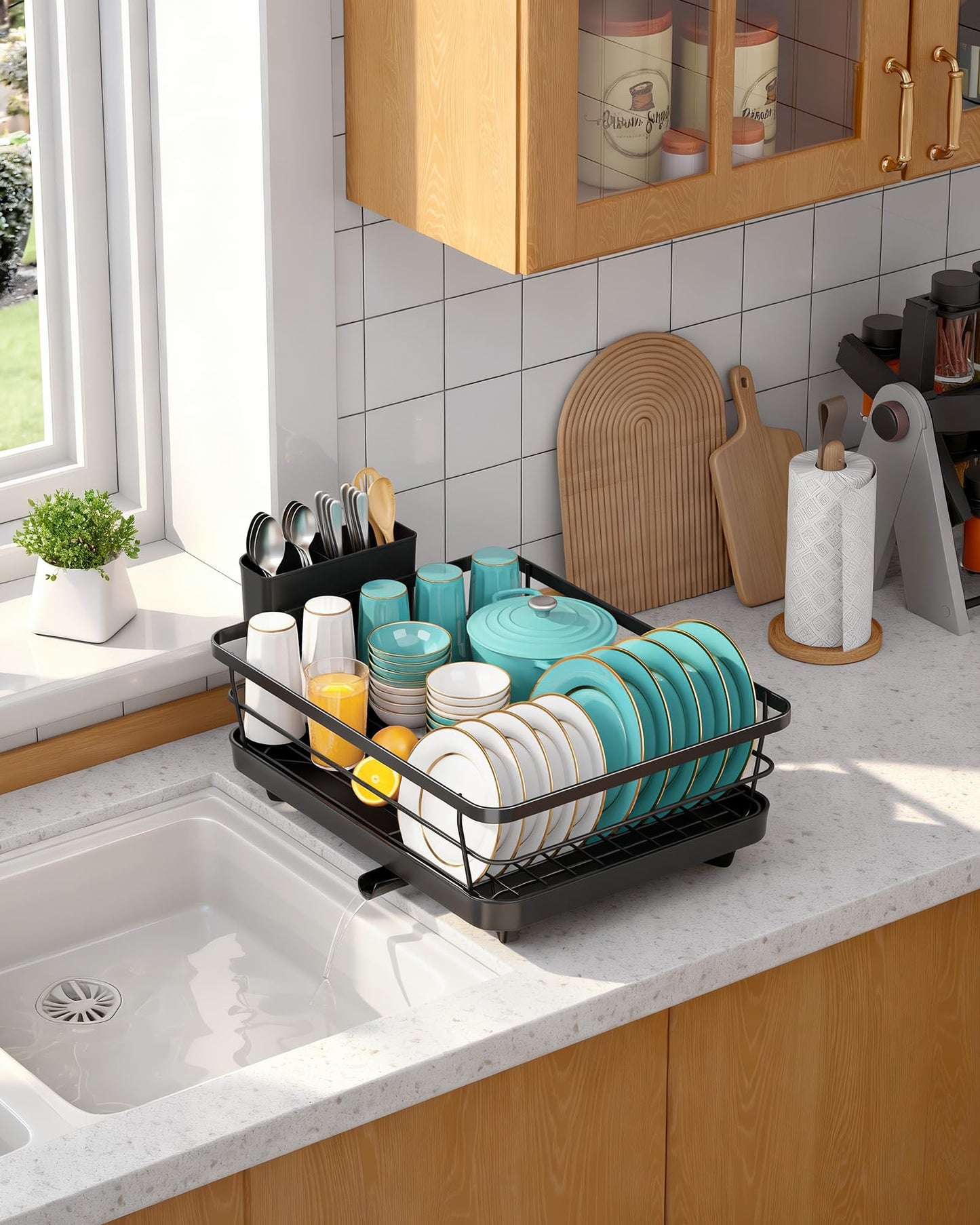Sakugi Stainless Steel Dish Drying Rack for Kitchen Counter, Sink Organization and Storage Essentials with Silverware & Utensil Holder, Home and Apartment Decor, 12''W x 15.5''L, Black