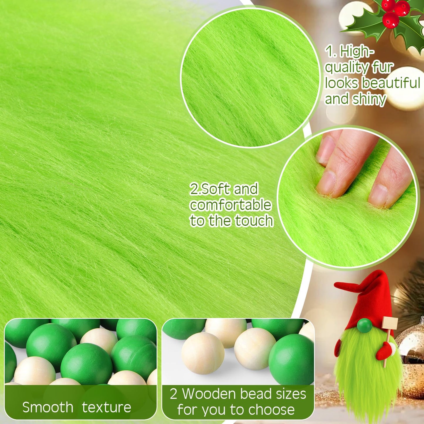 Tudomro 15 Pcs Gnome Beards for Crafts Valentine's Day Faux Fur Fabric Precut Gnomes Beards Handmade 30 Pcs Wood Balls for Christmas Halloween Easter Independence Day(White,Green)